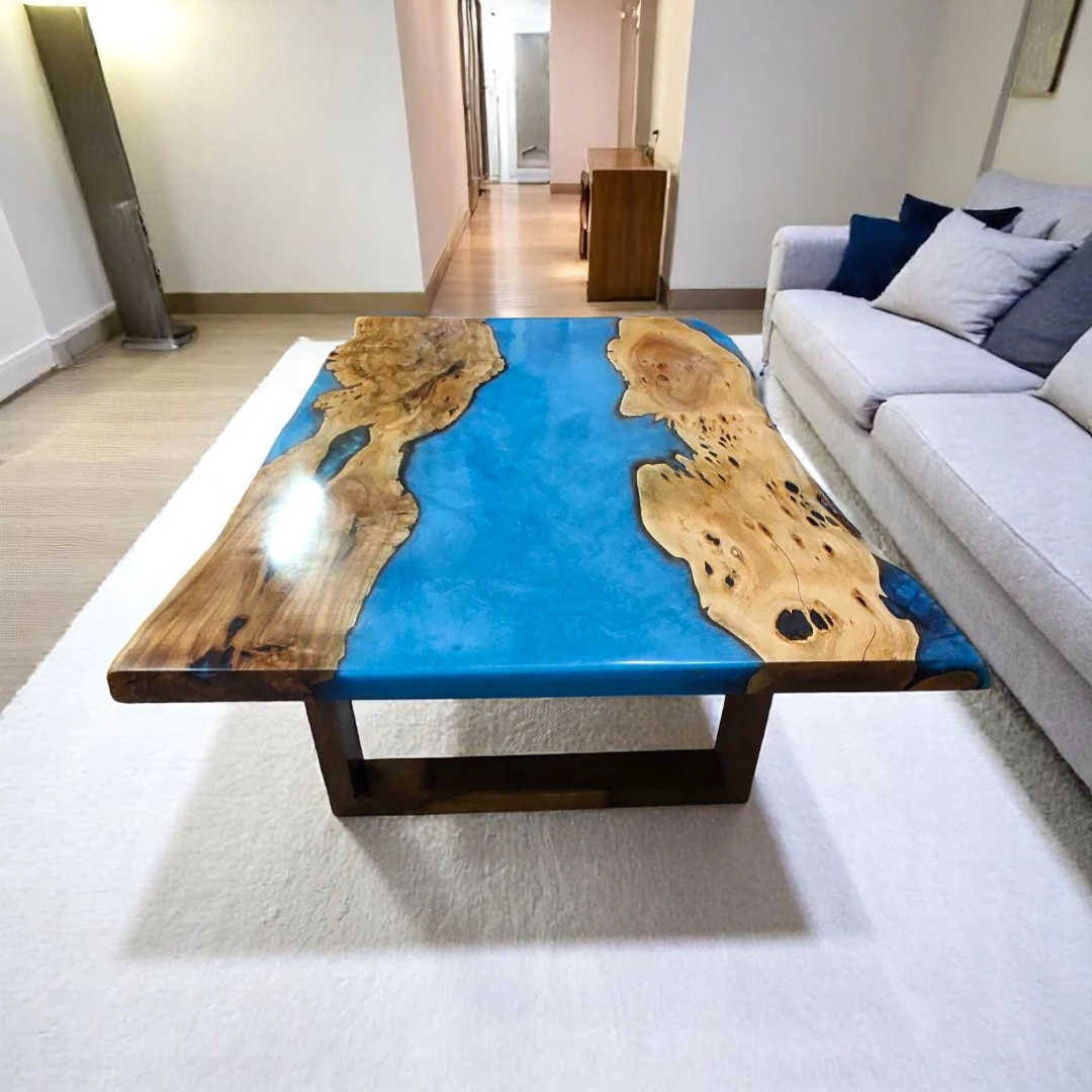 Blue Live Edge River Coffee Table - Custom Epoxy & Acacia Wood
